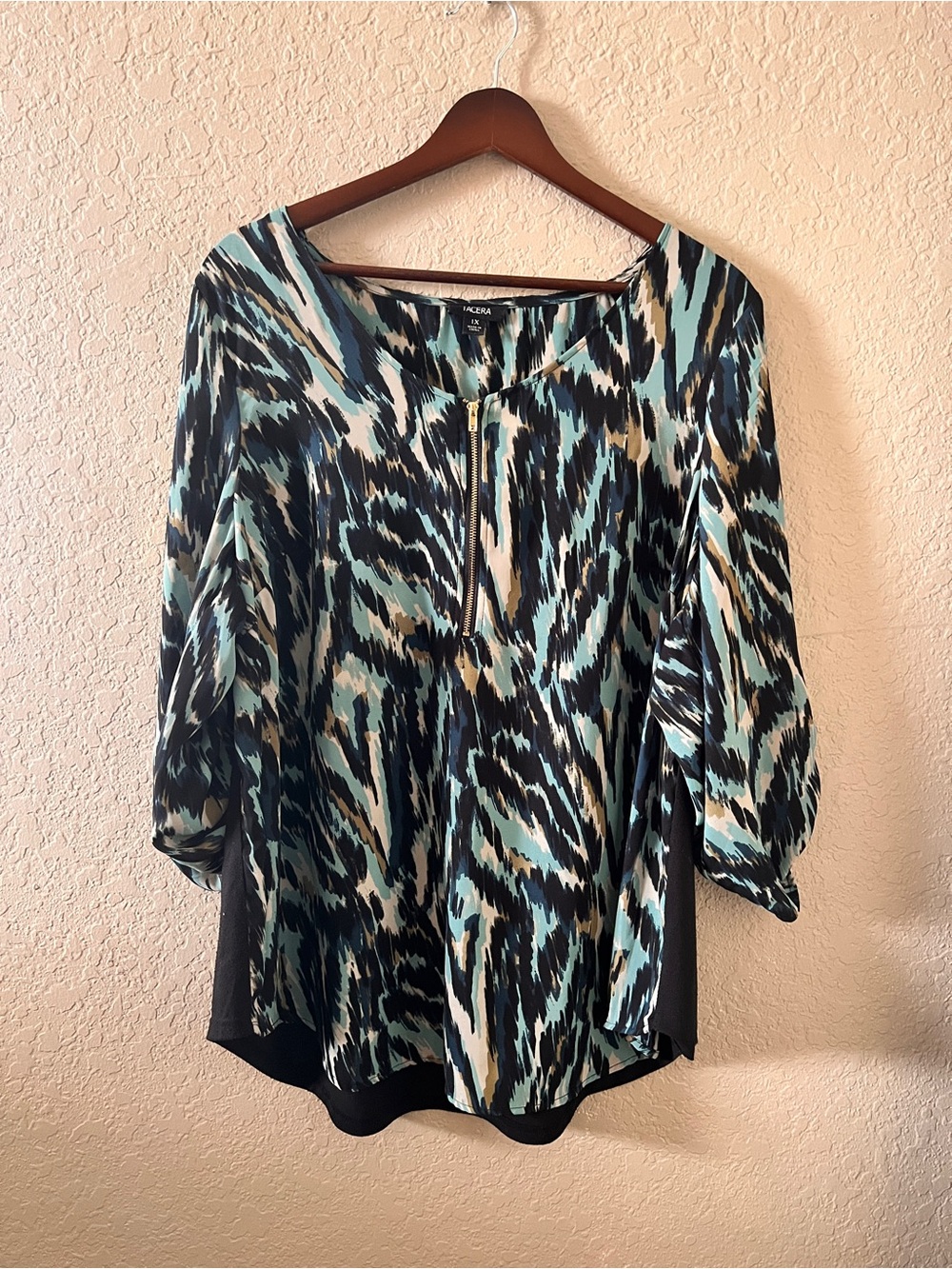 Tacera Teal Black Patterned Zip-Front Women's Blouse XL